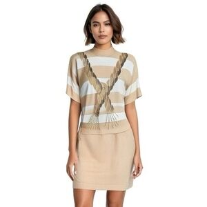 St John Collection Nautical Sweater Skirt Set Beige Ivory Gold Women’s M 12 NWT